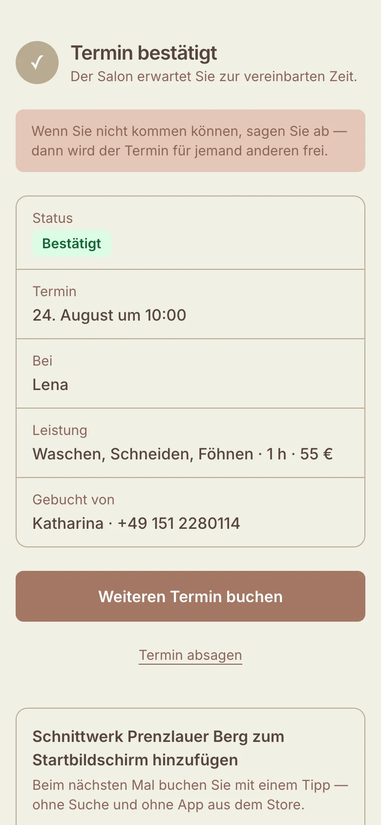 Bestätigung für den Kunden